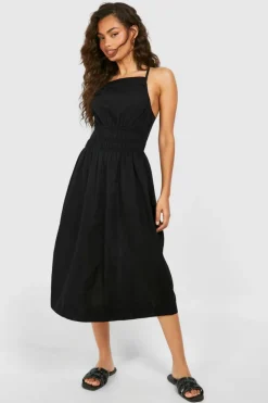 Midi Dresses*boohoo Strappy Linen Look Shirred Waist Midi Dress black