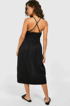Midi Dresses*boohoo Strappy Linen Look Shirred Waist Midi Dress black
