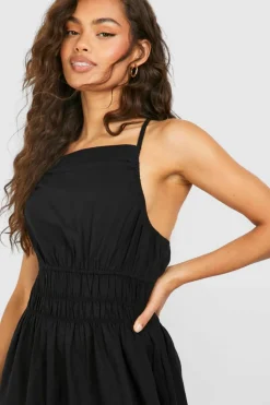 Midi Dresses*boohoo Strappy Linen Look Shirred Waist Midi Dress black