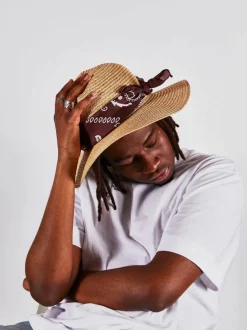 Hats & Gloves|Hats & Gloves*SVNX Straw Fedora Hat With Bandana Printed Band In and Dark Oak Natural