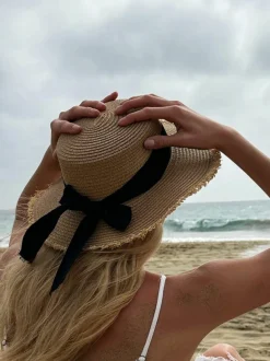 Hats & Gloves|Hats & Gloves*SVNX Straw Hat With Black Ribbon Bow Light Brown