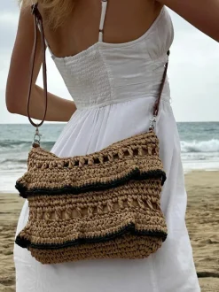 Shoulder Bags|Handbags*SVNX Straw Shoulder Bag with Frill Detail Natural