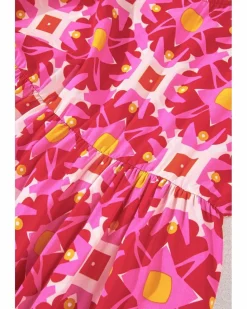 Smock Dresses*Azura Exchange Strawberry Geometric Print Smocked Long Sleeve Mini Dress Pink
