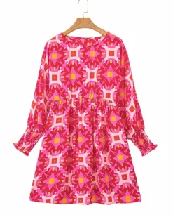 Smock Dresses*Azura Exchange Strawberry Geometric Print Smocked Long Sleeve Mini Dress Pink
