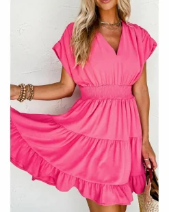 Smock Dresses*Azura Exchange Strawberry Ruched Sleeve V Neck Smock Waist Tiered Ruffled Dress Pink