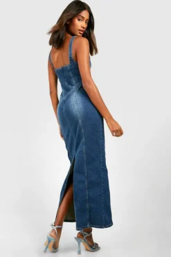 Maxi Dresses|Denim*boohoo Stretch Denim Seam Detail Maxi Dress washed indigo