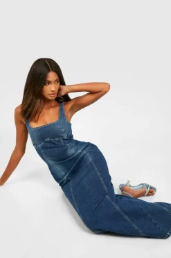 Maxi Dresses|Denim*boohoo Stretch Denim Seam Detail Maxi Dress washed indigo