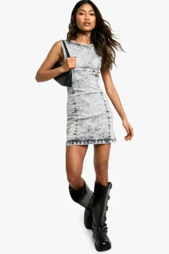 Mini Dresses|Denim*boohoo Stretch Denim Seam Detail Acid Wash Mini Dress acid wash black