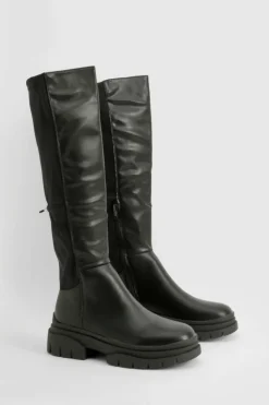 Over The Knee Boots|Knee High Boots*boohoo Stretch Panel Knee High Chunky Boots black