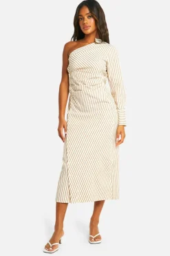 Shirt Dresses|T-Shirt Dresses*boohoo Stripe Asymmetric Shirt Midaxi Dress brown