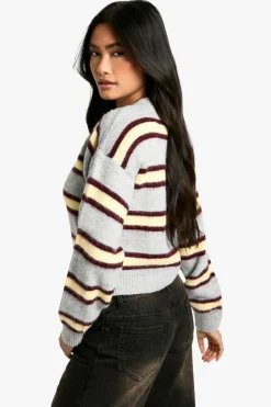 Cardigans*boohoo Stripe Brushed Knit Crop Cardigan grey