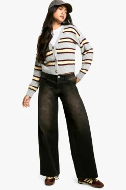 Cardigans*boohoo Stripe Brushed Knit Crop Cardigan grey