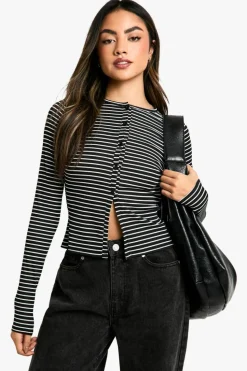 Cardigans|Knitwear*boohoo Stripe Button Through Cardigan black