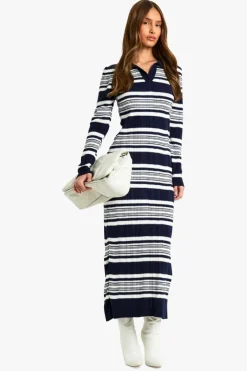 Jumper Dresses|Jumper Dresses*boohoo Stripe Collared Knitted Dress navy