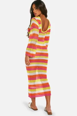 Jumper Dresses|Jumper Dresses*boohoo Stripe Crochet Scoop Maxi Knitted Maxi Dress pink