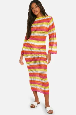Jumper Dresses|Jumper Dresses*boohoo Stripe Crochet Scoop Maxi Knitted Maxi Dress pink
