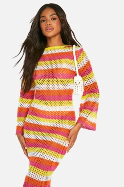 Jumper Dresses|Jumper Dresses*boohoo Stripe Crochet Scoop Maxi Knitted Maxi Dress pink