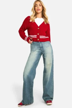 Cardigans*boohoo Stripe Detail Chunky Knitted Cardigan red