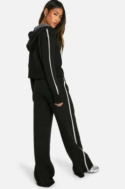 Knitted Co-Ords|Co-Ord Sets*boohoo Stripe Detail Knitted Hoody And Waist Detail Flared Trouser black