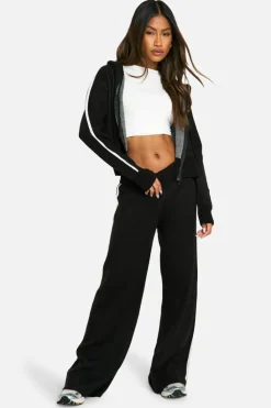 Knitted Co-Ords|Co-Ord Sets*boohoo Stripe Detail Knitted Hoody And Waist Detail Flared Trouser black