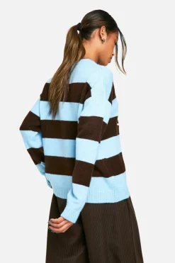 Oversized Jumpers|Jumpers*boohoo Stripe Embroidered Athletics Knitted Oversized Crew Neck Jumper baby blue