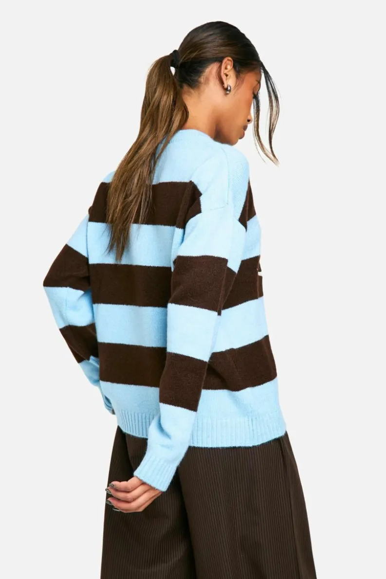 Oversized Jumpers|Jumpers*boohoo Stripe Embroidered Athletics Knitted Oversized Crew Neck Jumper baby blue