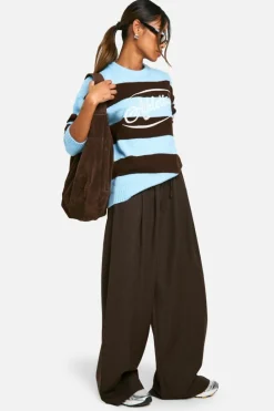 Oversized Jumpers|Jumpers*boohoo Stripe Embroidered Athletics Knitted Oversized Crew Neck Jumper baby blue