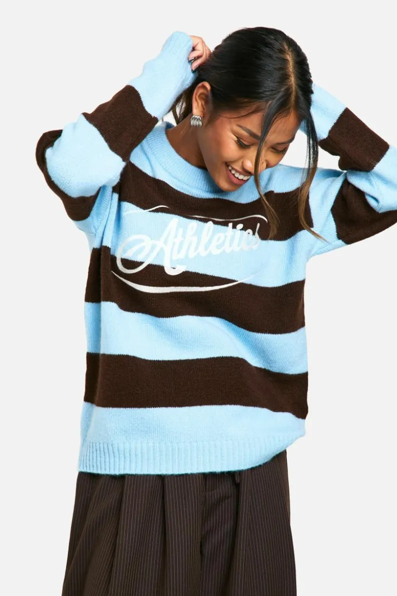Oversized Jumpers|Jumpers*boohoo Stripe Embroidered Athletics Knitted Oversized Crew Neck Jumper baby blue