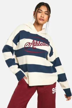Oversized Jumpers|Jumpers*boohoo Stripe Embroidered Athletics Oversized Knitted Hoody navy