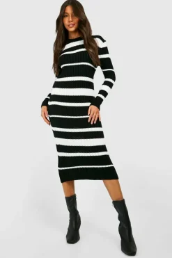 Midi Dresses|Jumper Dresses*boohoo Stripe Knitted Midi Dress black