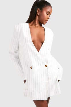 Blazer Dresses*boohoo Stripe Oversized Collarless Blazer Dress white