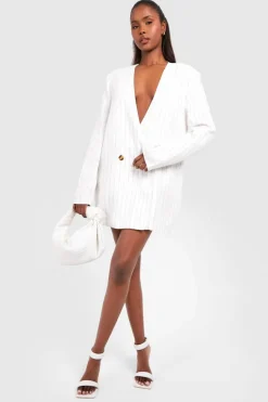 Blazer Dresses*boohoo Stripe Oversized Collarless Blazer Dress white