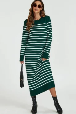 Jumper Dresses|Jumper Dresses*FS Collection Stripe Pattern Knitted Tunic Jumper Dress In Dark Green