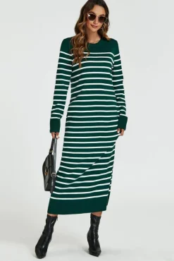 Jumper Dresses|Jumper Dresses*FS Collection Stripe Pattern Knitted Tunic Jumper Dress In Dark Green