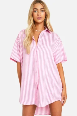 Shirt Dresses*boohoo Stripe Short Sleeve Shirt Dress pink