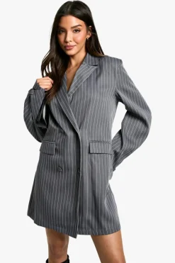 Blazer Dresses|Mini Dresses*boohoo Stripe Woven Pocket Front Oversized Blazer Dress charcoal