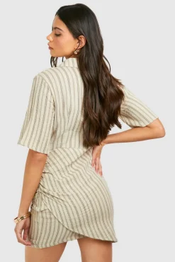 Shirt Dresses|Wrap Dresses*boohoo Stripe Wrap Short Sleeve Shirt Dress stone