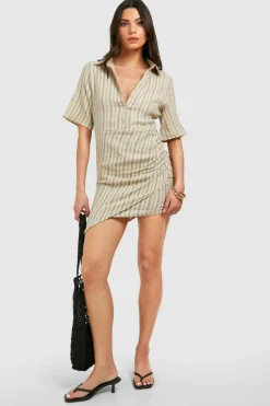 Shirt Dresses|Wrap Dresses*boohoo Stripe Wrap Short Sleeve Shirt Dress stone