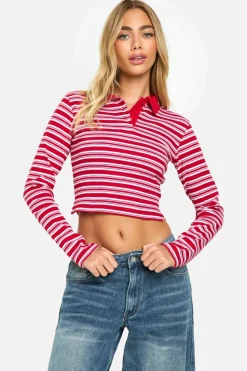 Long Sleeve Tops*boohoo Striped Colla Long Sleeve Top red