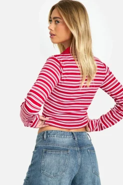 Long Sleeve Tops*boohoo Striped Colla Long Sleeve Top red