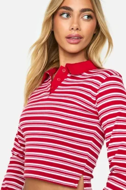 Long Sleeve Tops*boohoo Striped Colla Long Sleeve Top red