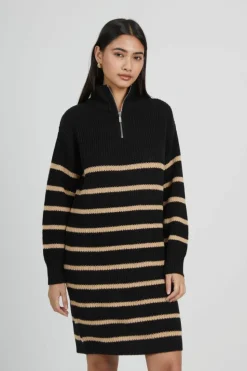 Jumper Dresses|Jumper Dresses*Brave Soul Striped Knitted Half Zip Mini Dress Black