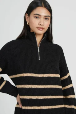 Jumper Dresses|Jumper Dresses*Brave Soul Striped Knitted Half Zip Mini Dress Black