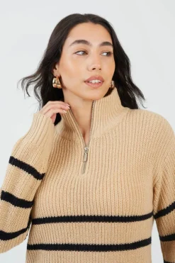 Jumper Dresses|Jumper Dresses*Brave Soul Striped Knitted Half Zip Mini Dress Camel