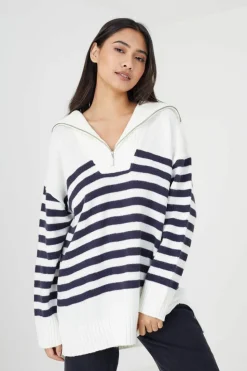 Oversized Jumpers*Brave Soul Striped Oversized 1/2 Zip Knitted Jumper Ivory