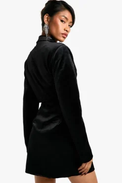 Blazer Dresses*boohoo Structured Cinched Waist Velvet Blazer Dress black