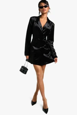Blazer Dresses*boohoo Structured Cinched Waist Velvet Blazer Dress black