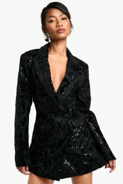 Blazer Dresses*boohoo Structured Velvet Lace Demask Blazer Dress black