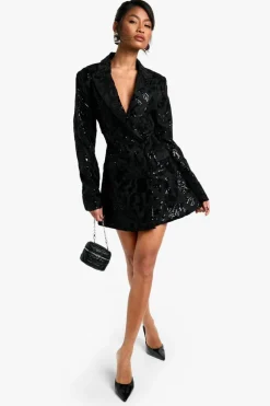 Blazer Dresses*boohoo Structured Velvet Lace Demask Blazer Dress black