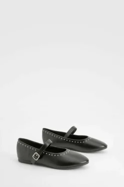 Ballet Flats|Flats*boohoo Stud Detail Mary Jane Ballets black